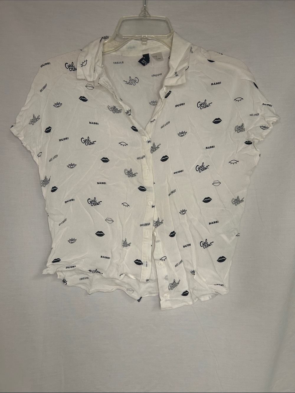 White Short-Sleeve Button Front Shirt with black motif